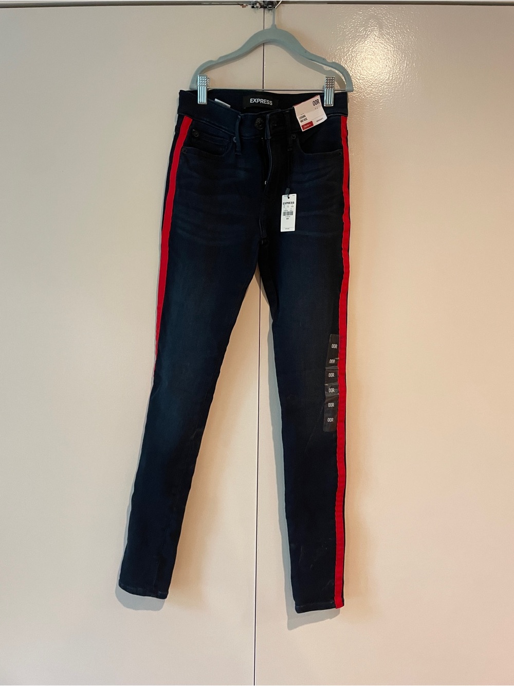 Express Navy Blue Skinny Jeans with Red Side Stripes
